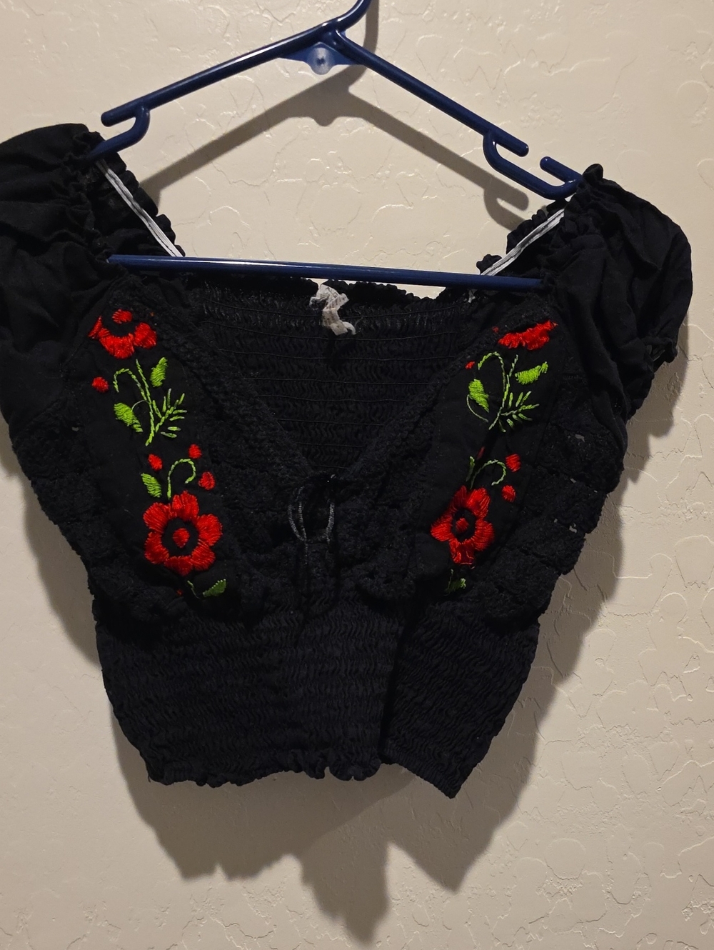 Embroidered Black Women’s Peasant Crop Top with Red Floral Detail - Picture 1 of 9